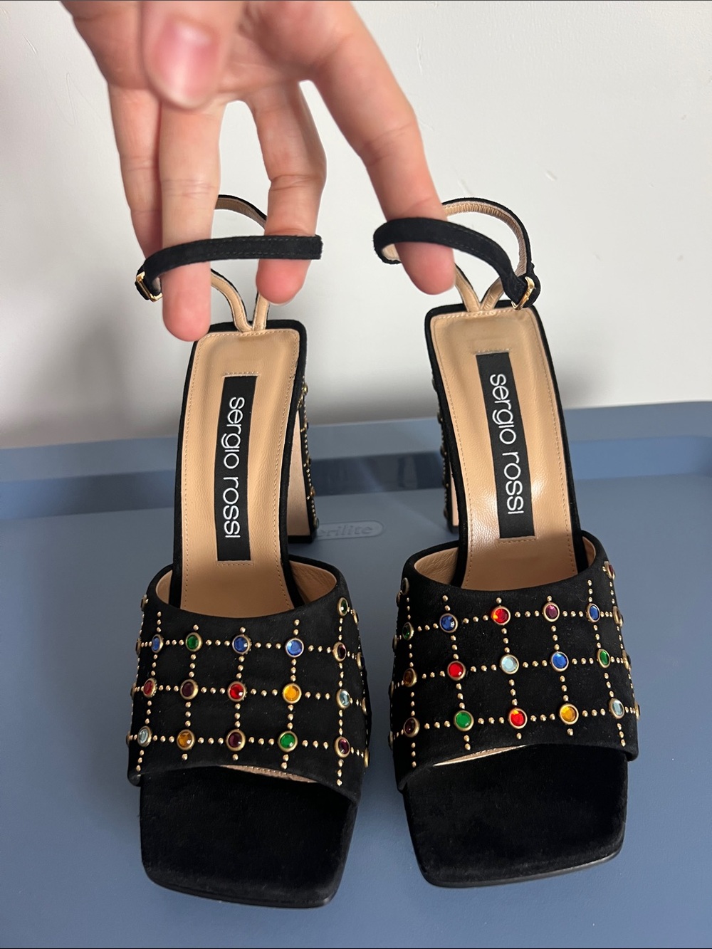 Sergio Rossi multicolor jeweled open toe black suede high heels sandals 41 - Picture 6 of 14